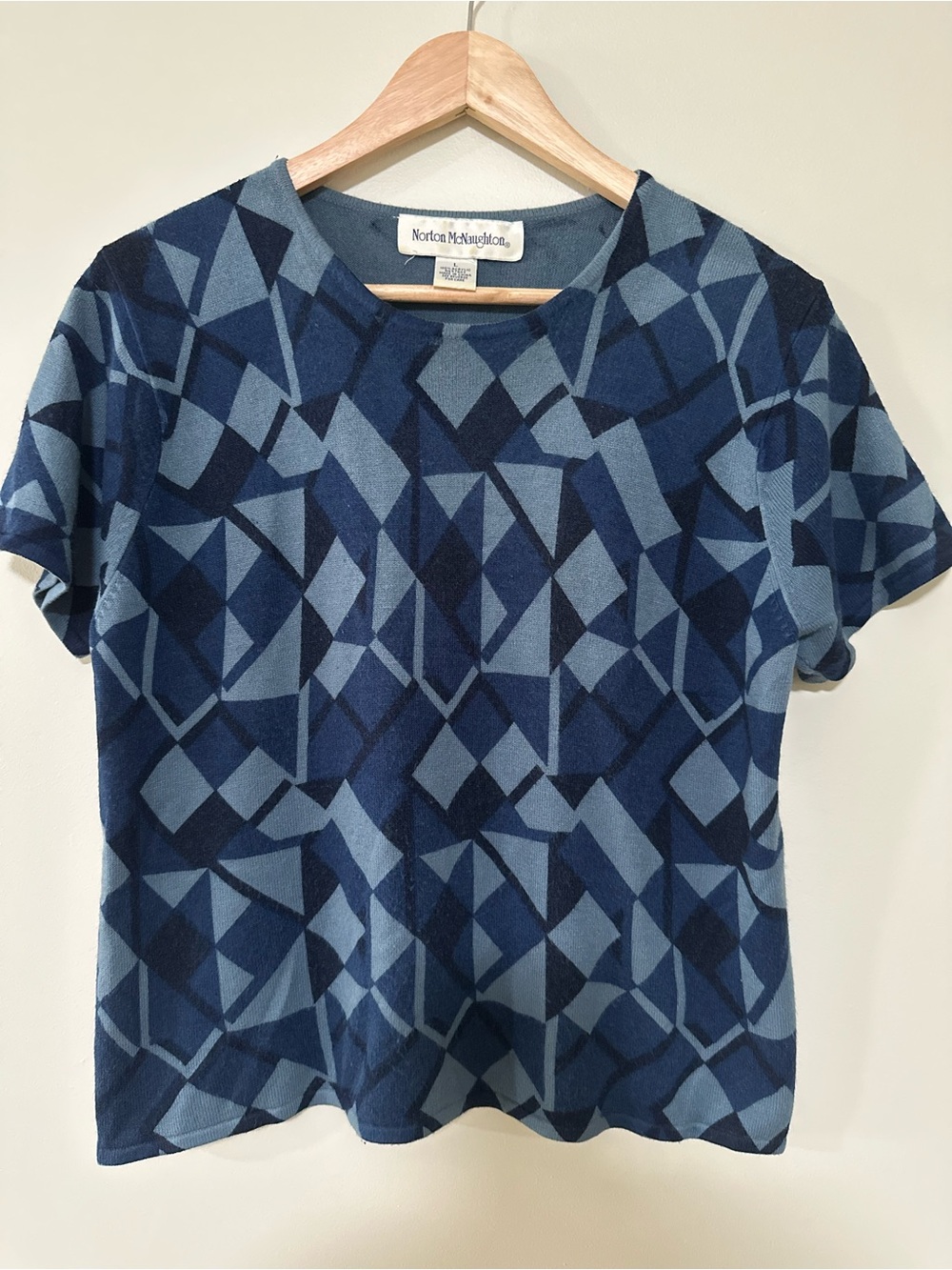 Norton McNaughton Geometric Navy and Light Blue Knit Top